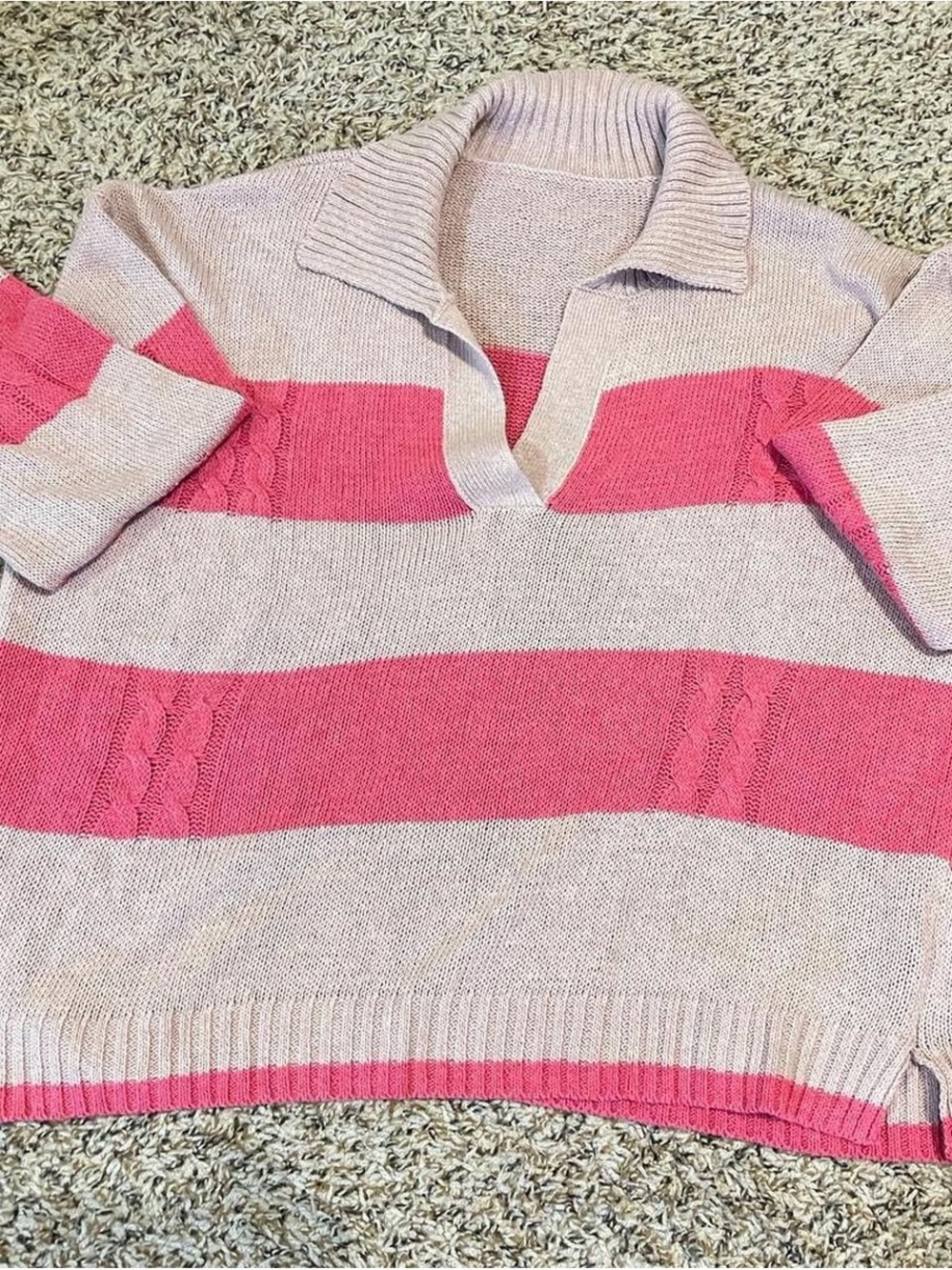 Striped Pink & Light Pink Womens Collared Sweater